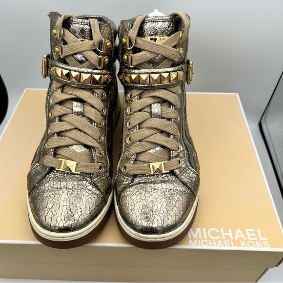 EUC Michael Kors Glam Studded Metallic Leather High-Top Sneakers - Picture 2 of 12